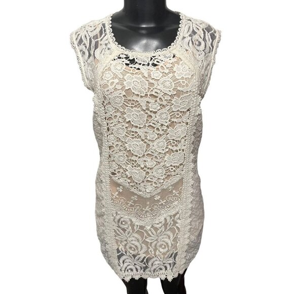 XS Champagne & Strawberry Lace Mini Dress Buttons Lined Ivory Nude Lining - Picture 4 of 11